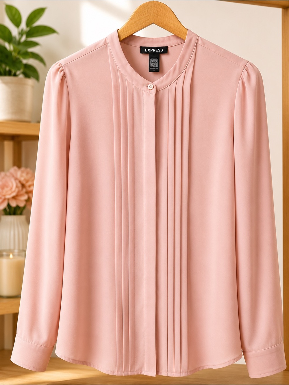 Express Blush Pink Pintuck Button-Front Long Sleeve Blouse